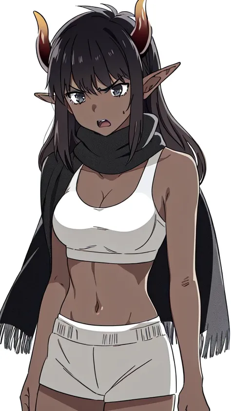 ((1girl,solo,mature female,25 years old,adult)),medium breasts,long hair, black hair,angry expression,horns,elf ears,((black sca...