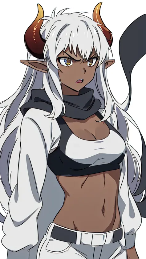 ((1girl,solo,mature female,25 years old,adult)),medium breasts,long hair, black hair,angry expression,horns,elf ears,((black scarf)),cleavage,(dark skin),((black sports bra, midriff)),white background