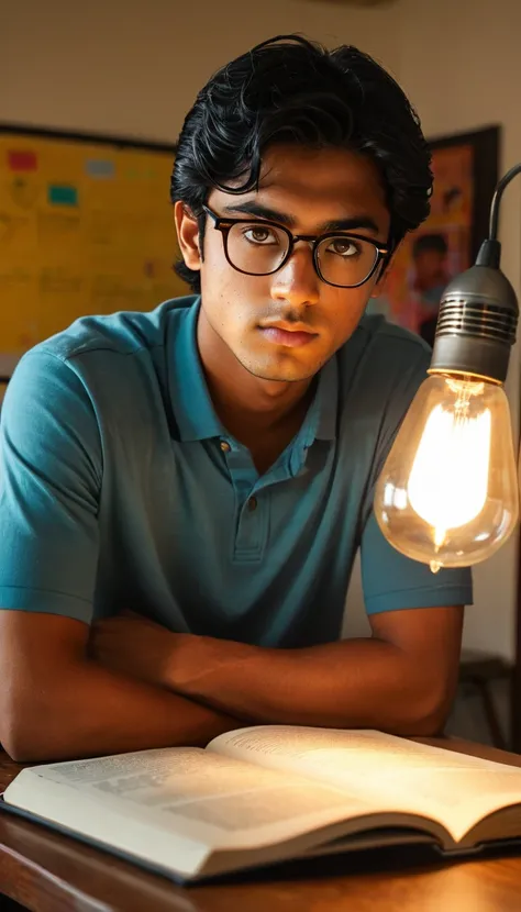 (Photography, Realism: 1.4),
23 years old, male, black hair, smart looking, Maldivian, looking out of classroom window, cinematic lighting, highly detailed eyes, highly detailed face, brown eyes, freckles, glasses, reading in the light of a table lamp, bac...