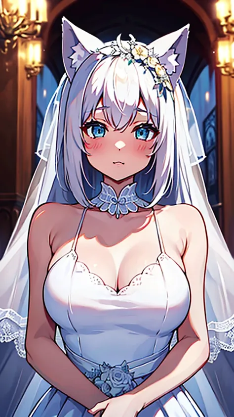 Ultra-high resolution,masterpiece, Attention to detail, Highest quality, 4K,(Animal Ears,White Hair,),(Blessed,Captivating body、Ultra-detailed skin、Beautiful Eyes、Detailed Background),One girl、(Wedding dress、Embarrassing:1.3),Wedding hall
