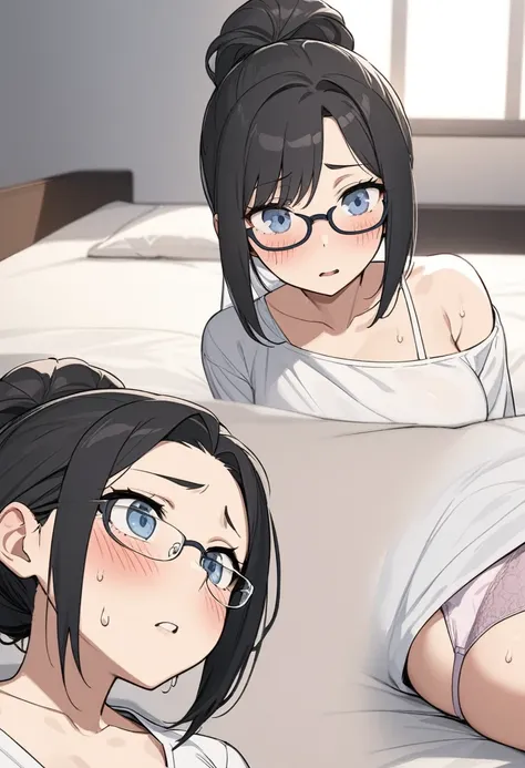 Adult female, highly detailed, glasses, short black hair wolf cut style tied back, blue eyes, bedroom, underwear, perfect eyes, high quality, best quality, laying back on the bed, nervous, sweat, blushing, low light, looking up