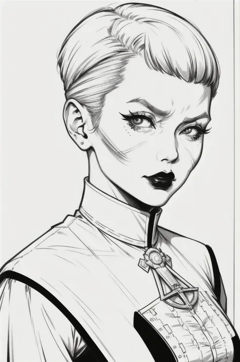 Drawing of a mature woman, realistic portrait, upper body, goth asian girl, white hair, channel haircut, mad face, rebel outfits, punk, horror look. Best lineart, clean flat lineart, Black and white monochrome, thin pen lines. No colors or shading. Flat wh...