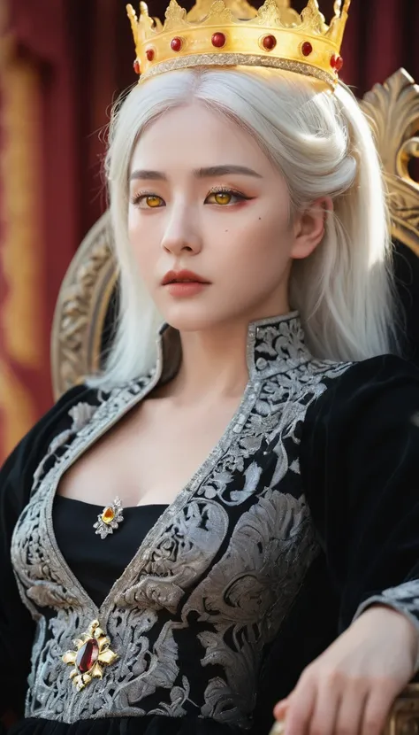 Hyperrealistic art, regal theme, low angle shot, highly detailed and intricate. A solo female with a perfect body, white hair, and glowing yellow eyes, dressed in black see-through clothes with an emperor’s aura. She’s wearing a crown, sitting on a throne,...