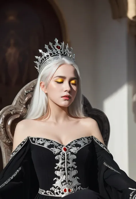 Hyperrealistic art, regal theme, low angle shot, highly detailed and intricate. A solo female with a perfect body, white hair, and glowing yellow eyes, dressed in black see-through clothes with an emperor’s aura. She’s wearing a crown, sitting on a throne,...