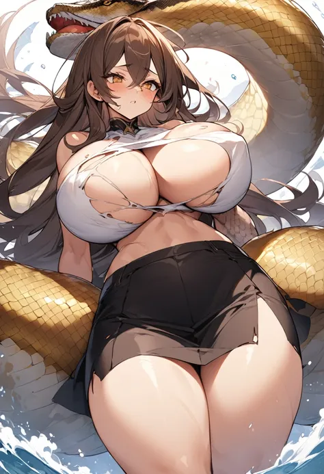 A giant python is enveloping the body of a girl, with Mediterranean features, very long brown hair, super giant breasts, wearing a torn shirt and a black miniskirt