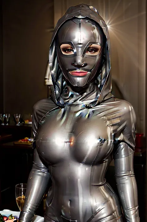 (far shot, full shot), photorealistic masterpiece, photoshoot, hasselblad photography, face, (skinny) Adult waitress wearing a silver (latex mask, latex hood, open latex catsuit:1.5), (large breasts, perfect cleavage, round breasts, plunging neckline:1.2),...