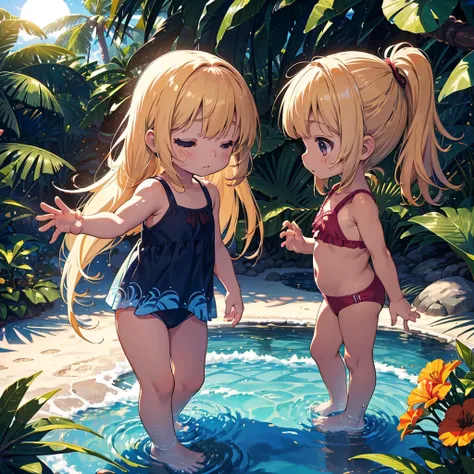 Super high quality, 64k, Super fine detail illustration, Beach (tropical, palm tree, tropical animals, very sunny), 3 Girls (1 (1), 1.5), Cute  swimsuit, (short arms: 1.5), round face, (little girl: 1.8), bare feet, (child: 1.9), (baby face: 1. 4)), sun, b...