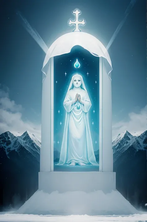 A cartoon ghost image surrounded by a sacred background so that it fits into the sacred theme 