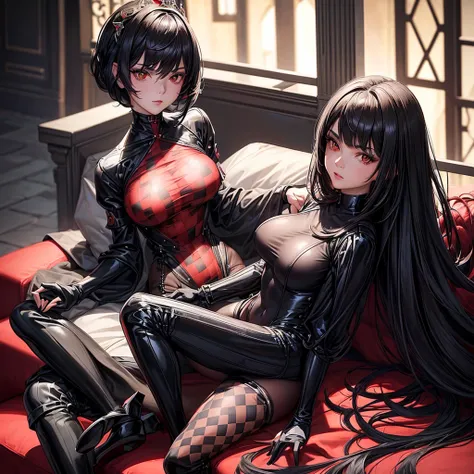 A most Beautiful himecut hairstyle black long hair with bangs,busty,chess queen,keen eyes,emma watson face,glossing lips,(((black with red checkered detail bodysuit))),black with red trim stocking,silver crown ,sexy pose on sofa,medieval,chess theme,ultra ...