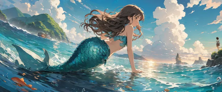 ghibli, far back view, mermaid, sea, ultra detailed, official art, masterpiece, illustration
