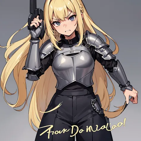 (((Solo)))、Highest quality, Best Quality、(((Gray simple armor、Black trousers))、(woman、18-year-old)、(Blonde、Long Hair)、(Cowboy Shot)、(Simple Background)、(get annoyed、Clench your teeth)