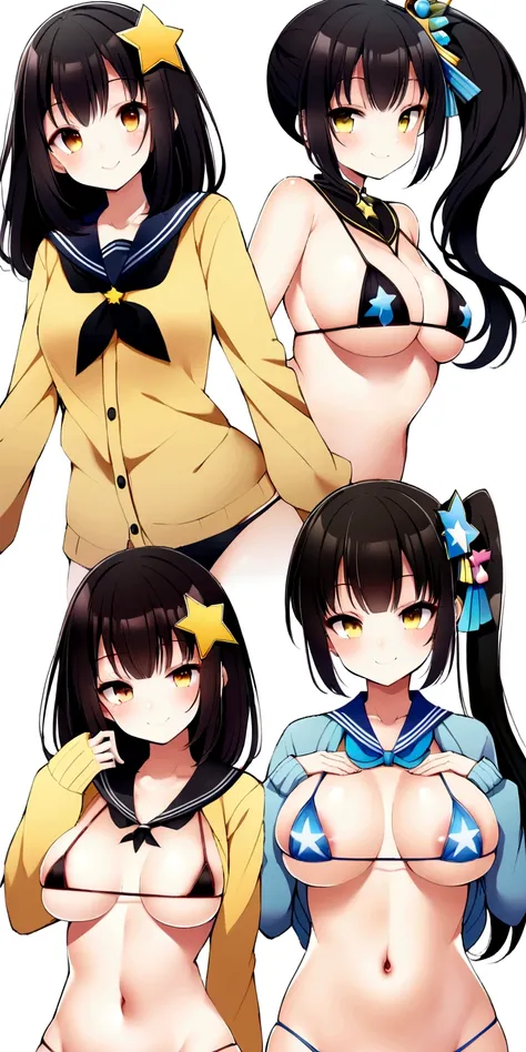 Ichige style,  hair ornaments,  Side Ponytail, smile, View your viewers, neckerchief, Upper Body, 心臓 hair ornaments, cardigan, Sailor collar, Seraphim, black bangs, Yellow Eyes, Mouth closed, Long Hair, Brown eyes, star (symbol)、Micro Bikini、Big Tits