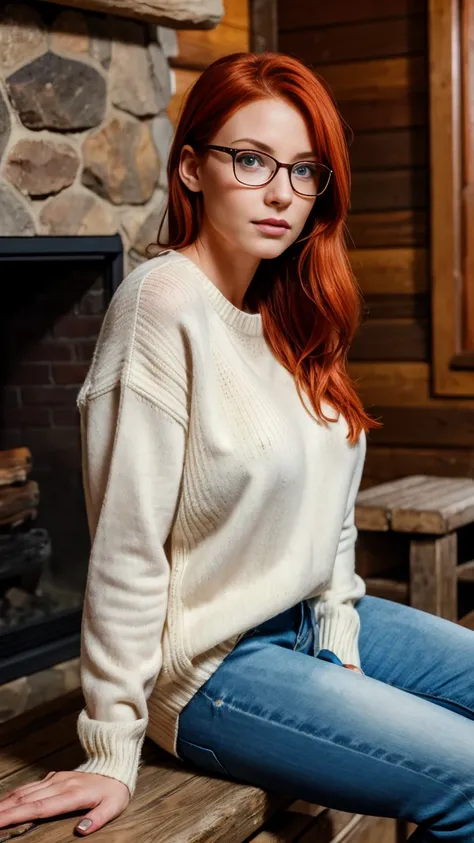 single focus lens, face is realistic, sensual woman, photographed, red hair, ice blue eyes, narrow waist, beautiful breasts, (sweater and jeans:1.2), at a cabin in the woods, with glasses, sitting by the fireplace, looking cozy and content.