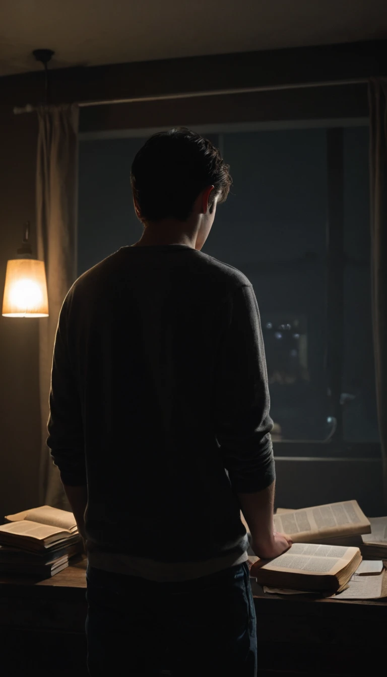 23 years old, male, Image from behind the character while reading in a dark room