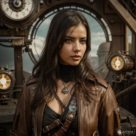 Adriana Lima, thick brown hair, hot , Ukrainian girl, wavy brown hair, Dasha Taran, pretty beautiful brunette, (solo one girl : 2.0), ((perfect anatomy)), ambiente steampunk, dramatic art, estilo de arte dieselpunk, apocalyptic road warrior vibe, a girl we...