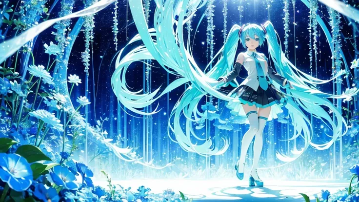 An image of Hatsune Miku singing in a shining blue forest。The background is dotted with glowing mushrooms and shining plants.、Small particles of light are dancing around Miku。Her costume is designed with forest elements.、Leaves and flowers are accented。