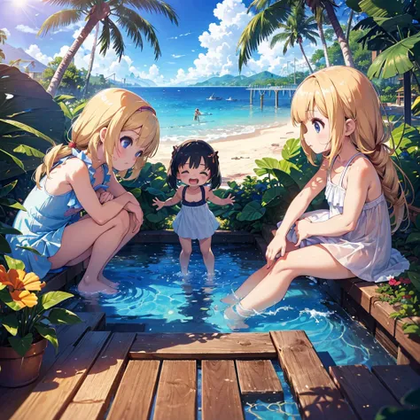 Super high quality, 64k, Super fine detail illustration, Beach (tropical, palm tree, tropical animals, very sunny), 3 Girls (8.8), 1.5), Cute swimsuit, (short arms: 1.5), round face, (little girl: 1.8), bare feet, (child: 1.9), (baby face: 1. 4)), sun, bre...