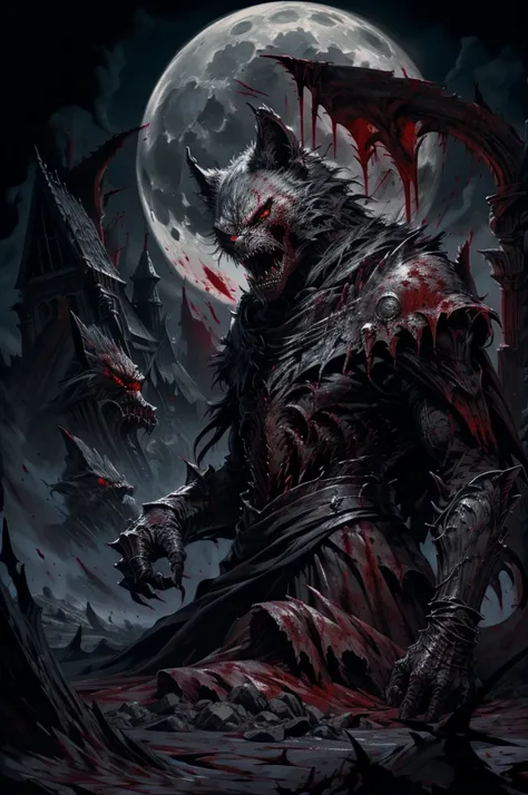 a darksouls werewolf, backwards, looking over shoulders pose with great fangs,sharp nails with blood,black fur,angry face,full moon at night,fog, on ground,(blood: 1.5),detailed,realistic,4k