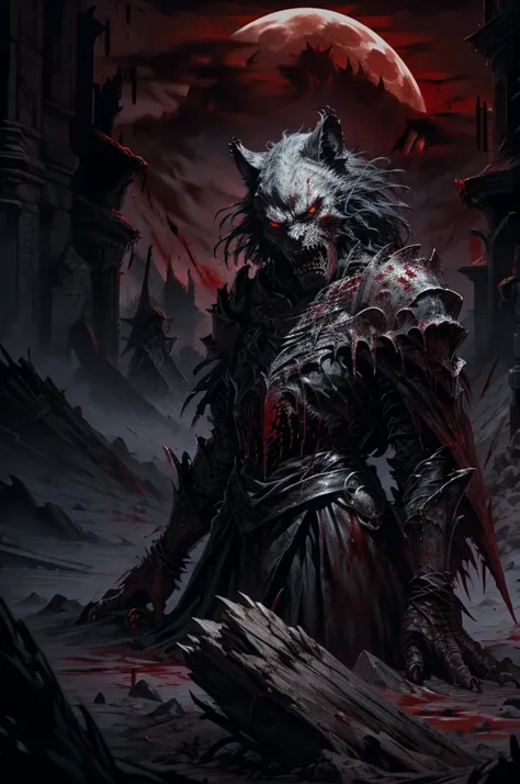 a darksouls werewolf, backwards, looking over shoulders pose with great fangs,sharp nails with blood,black fur,angry face,full moon at night,fog, on ground,(blood: 1.5),detailed,realistic,4k