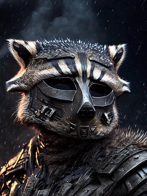 Close-up (Terminator Comedian from DC in Superhero style: 1.3) (raccoon mask:1.6), emerging from wet black mud, extremely detailed, smoke, sparks, plastic shavings, flying debris, volumetric light