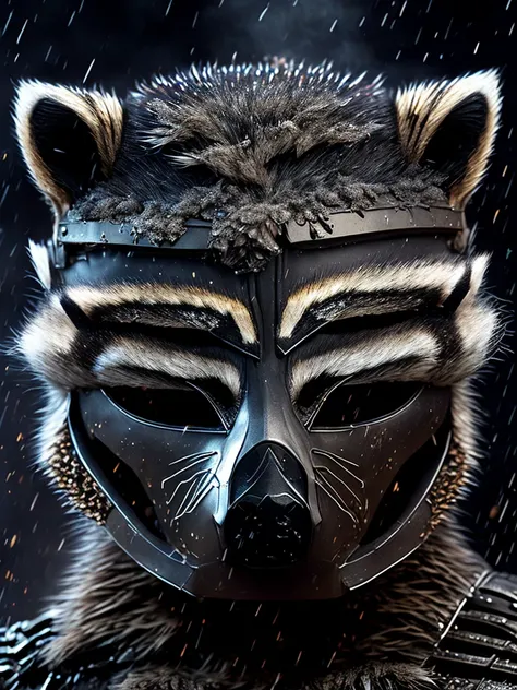 Close-up (Terminator Comedian from DC in Superhero style: 1.3) (raccoon mask:1.6), emerging from wet black mud, extremely detailed, smoke, sparks, plastic shavings, flying debris, volumetric light