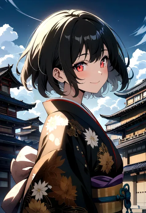 anime style, over dark buildings , two eyes open, eyes detailed, sunny, smiling, masterpiece, 4k, detailed face, good anathomy, highlights, 1 girl, kimono, short hair