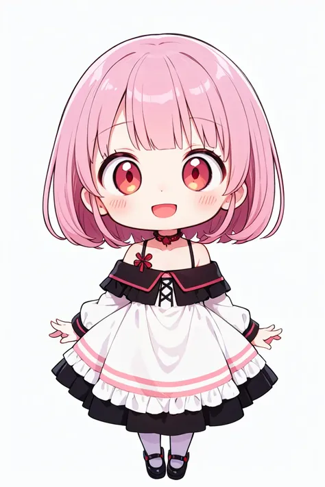 chibi, flat color, solo, full body, cute, (highest quality), pink Hair, Red Eyes, bob cut, ((wavy hair)), off shoulder, Beautiful Eyes, A big smile, A bright and curious personality, Mood makers, gal, Cheerful, open mouth, yellow Sleep dress, white backgro...