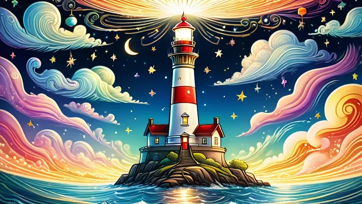 (a large close-up of a shining lighthouse in the center):looks happy,an illustration,pop,colorfulに,draw with thick lines,color,n...