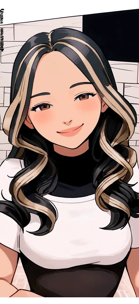 best qualityer)), ((work of art)), (detailded), ( disney pixar style),  long wavy light brown hair with blonde highlights at the front of the hair, brown dark eyes, smiling with your mouth closed