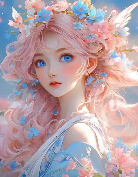 Pink hair and blue eyes、Anime girl with flowers in her hair, Cute and detailed digital art, Anime Style 4k, Beautiful digital illustrations, Beautiful anime portraits, Beautiful digital artwork, Digital anime art, Anime fantasy illustration, anime art wall...