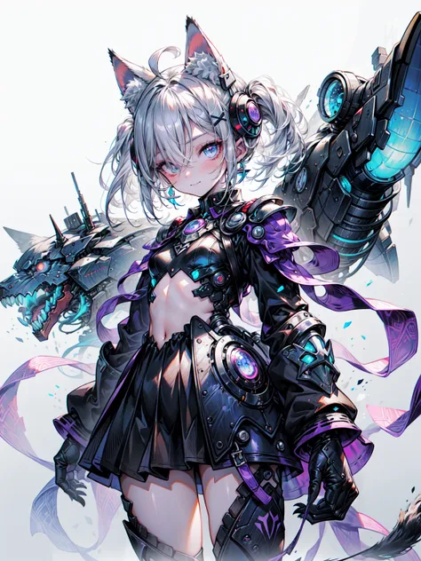 (8k、best image quality、highest quality、masterpiece) 、gothic punk、one girl、white hair in twin tails、blue eyes、earrings、((cat ears...