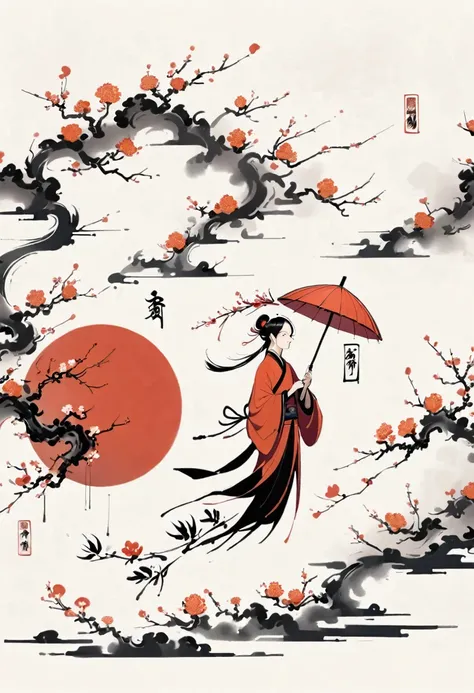 Bada Shanren style,Chinese Ink Painting，Simple style，is capitalized，Very simple pictures，Falling Flowers，Umbrella，