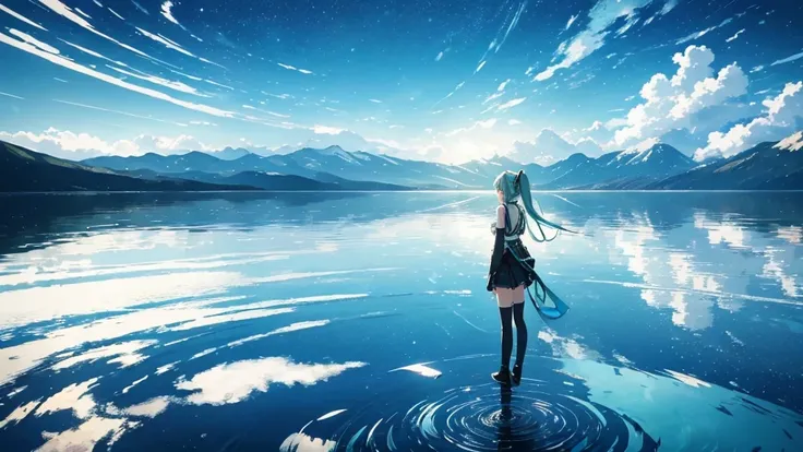 An image of Hatsune Miku singing alone in the vast wilderness。The background is just the infinite sky and horizon.、The only decoration around her are light particles and electronic ripples that appear in time with the music.。Miku&#39;s costume has a simple...