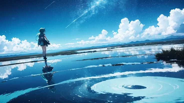 An image of Hatsune Miku singing alone in the vast wilderness。The background is just the infinite sky and horizon.、The only decoration around her are light particles and electronic ripples that appear in time with the music.。Miku&#39;s costume has a simple...