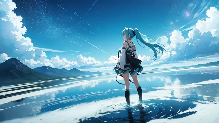 An image of Hatsune Miku singing alone in the vast wilderness。The background is just the infinite sky and horizon.、The only decoration around her are light particles and electronic ripples that appear in time with the music.。Miku&#39;s costume has a simple...