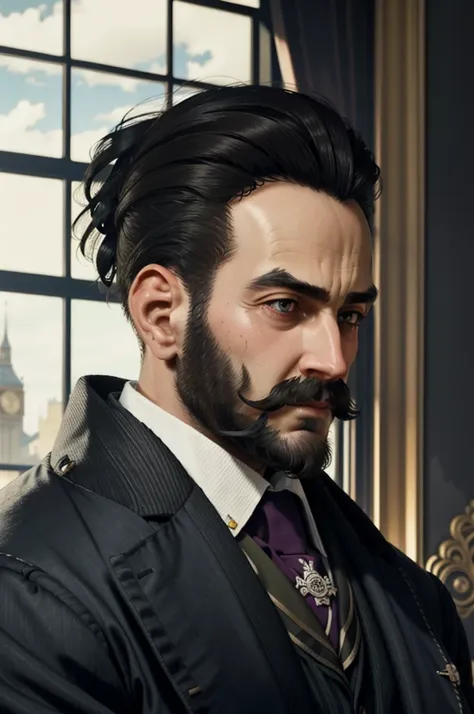 ((masterpiece, best quality))
assajacob, 1boy, male focus, solo, beard, victorian, smirk, london