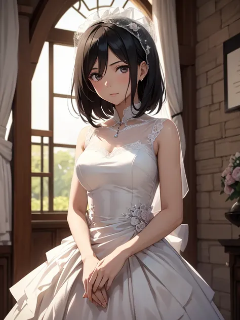 Mikasa, 1girl, as a bride, wearing white wedding frock, at a wedding ceremony, black short hair, 8k, high detailed, high quality
