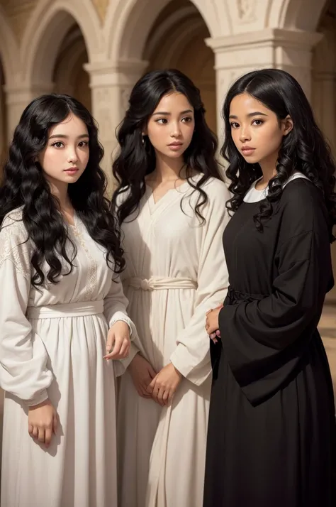 An image of 4 princesses, a black woman with curly hair, a part of wavy hair, one Asian and one white, around Jesus Christ 