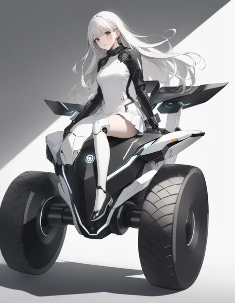 A stylish robot with a total length of 20m and a body color of black and white、Please draw me a picture of a girl riding on someone&#39;s back and running through the city。