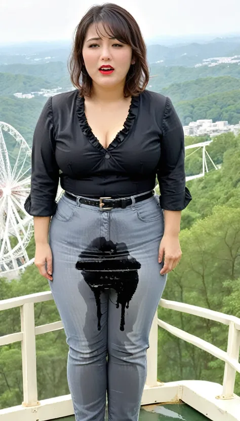 1woman,(masterpiece:1.8),photo-realistic,16k,(beautiful 40s japanese plump lady:1.3),(black frilled blouse:1.4),belt,(blue denim pants:1.1),pumps,(whimpering:1.6),(panicking:1.6),(crying:1.7),(handing on wetting crotch with both hands:1.2),(in the Ferris w...