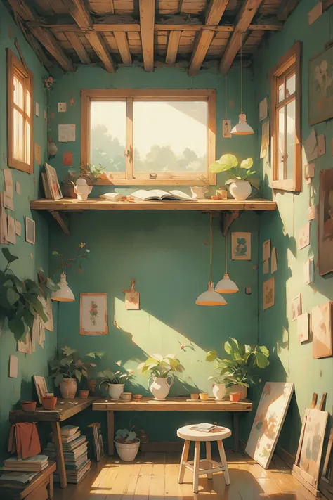 Hut, indoor,study room, Ghibli style 