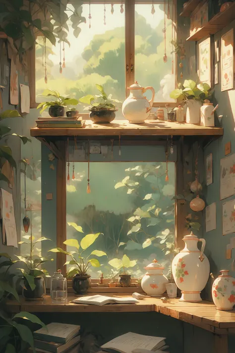 Hut, indoor,study room, Ghibli style 