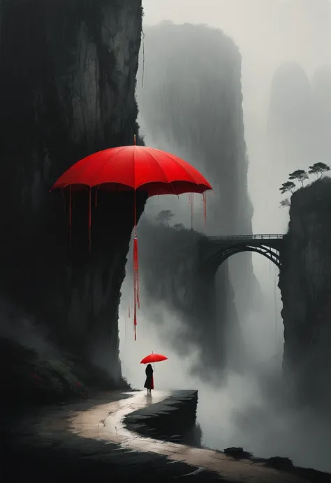 a simple,minimalist illustration, 1 red umbrella suspended in the air,tassels on the umbrella,solitary figure,on a cliff edge,bridge