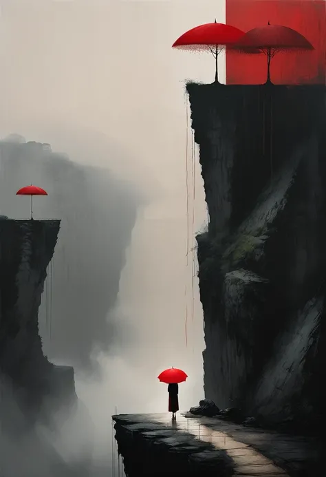 a simple,minimalist illustration, 1 red umbrella suspended in the air,tassels on the umbrella,solitary figure,on a cliff edge,bridge