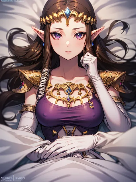 ((Arms above head)),((Princess Zelda)),((the legend of zelda)),((Front face)),((upper body)),Anime art style,masterpiece,(Dark brown hair), (Very detailed),(Very delicate and beautiful),(alone),((((pov)))),(Detailed face and eyes),Beautiful eyes like jewel...