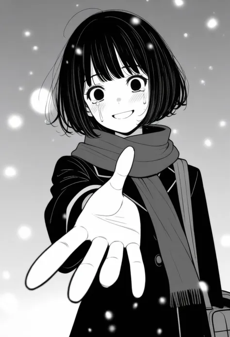 masterpiece, best quality, 1girl, mamerakkkkko, grayscale, manga style, japanese, chi no wadachi, black eyes, street, iced, blac...