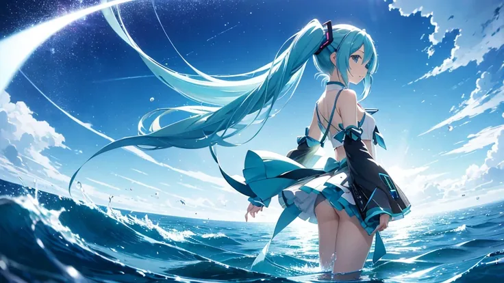 Please draw Hatsune Miku in detail using upscale。The background is just the infinite sky and horizon.、Light particles and electronic ripples are the only decoration。Miku&#39;s costume has a simple and modern design.、Her presence stands out in this empty la...