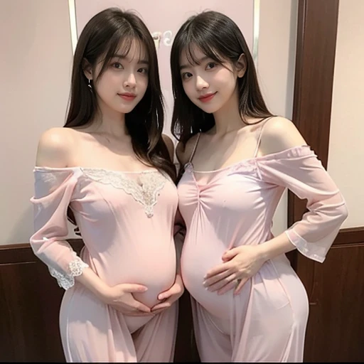 2 women，Mom and mother-in-law，35 years old，Wife A pregnant woman，Pregnant，pregnant，怀着双胞胎的pregnant with twins，10 months 孕，Pretty Face，Sexy body，Long hair，Wearing a pink transparent off-shoulder dress，Sexy pajamas