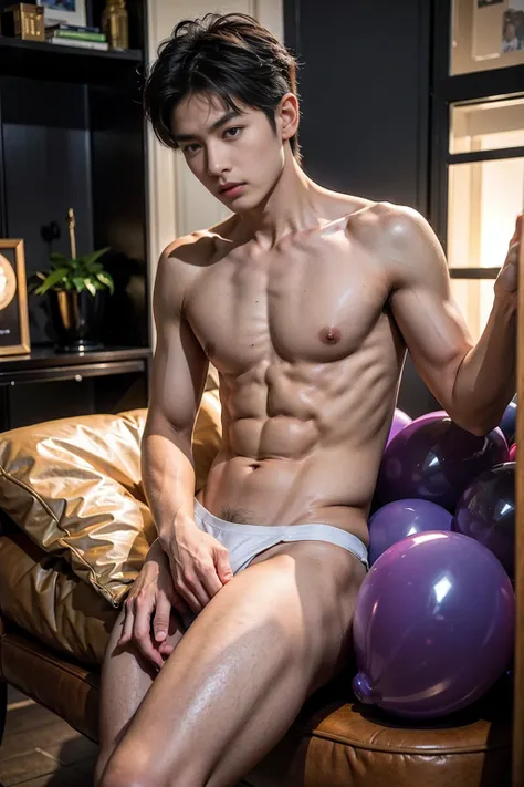 18-year-old Asian boy, lying on big violet balloons, Wear a tight Calvin Klein mens underwear and curved legs, shirtless, abs, thin body, slim body, skinny body, handsome, teenager, young boy, youthful, boyish, cute, photography, realistic, big violet ball...