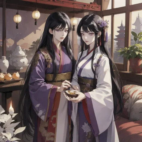 (nonsense, height, Very detailed, HDR), Masterpiece, complicated, best quality, long black hair, Korean Page, purple eyes, Hanfu costumes, interiors with Chinese style details., Detailed characters